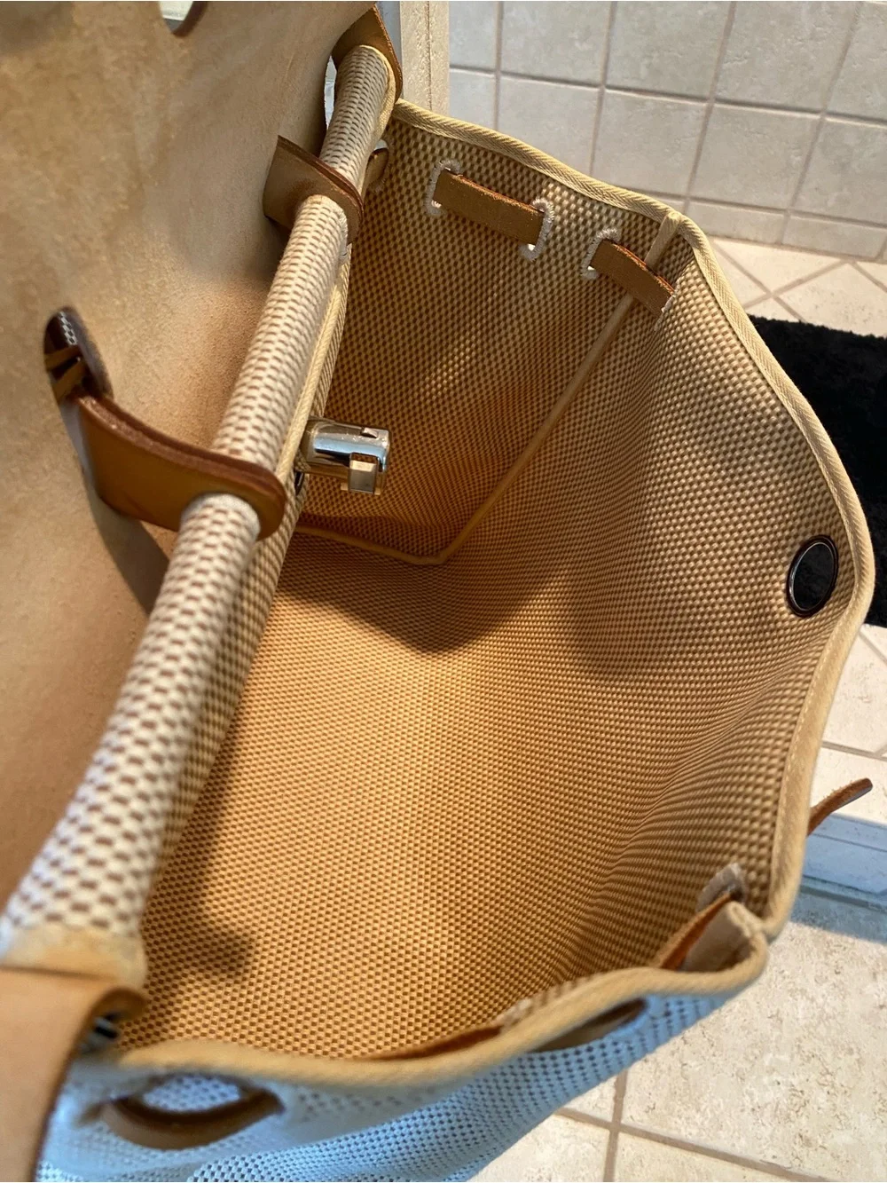 HERMÉS 30PM Cowhide/Canvas HERBAG w/ Silver Lock/Key, Shoulder Strap & Full Set